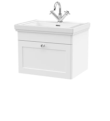 Image of nuie CLC194A Classique Traditional Bathroom Wall Hung 1 Drawer Vanity Unit with 1 Tap Hole Fireclay Basin, 600mm, Satin White