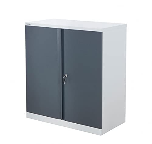 Image of BiGDUG Bisley Office Workplace Cupboards 914w x 470d mm, Steel Double Door Lockable Storage 70kg per shelf, Blue Light & Dark Grey, Adjustable Shelves (Dark Grey 1000h x 914w x 470d mm)