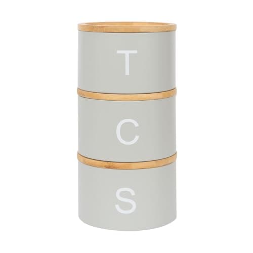 Image of Harbour Housewares Stackable Tea Coffee Sugar Canisters with Bamboo Lids - Grey - Stacking 3pc Tea Coffee and Sugar Canisters Set Airtight Kitchen Organiser Food Storage Jars