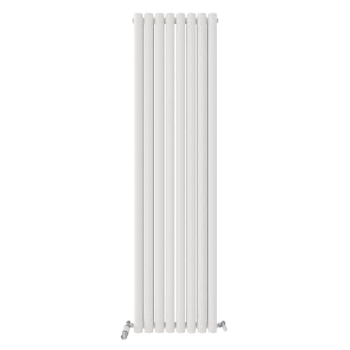 Image of iBathUK Strata Wall-Mounted Vertical Double Oval Panel Radiator, 8 Column Steel High Thermal Output Hydronic Central Heating, Designer Modern Radiator in Matt White, 1800 × 472mm