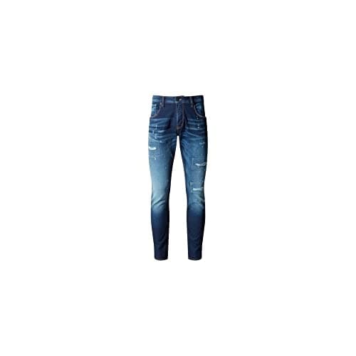 Image of 883 Police Men's Cassady COB 874 Distressed Finish Destroyed Torn Ripped Medium Wash Cotton Stretch Denim 5 Pocket Design True to Size Faded Blue Regular Fit Jeans for Men UK (34/Regular)