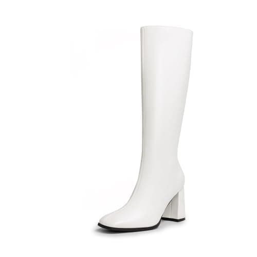 Image of DREAM PAIRS Women's Knee-High Boots, Comfortable Chunky Block Heel Pointed Toe Pull On Side Zipper Suede Slouch Riding Boots,Size 9,White-Pu,SDKB2407W