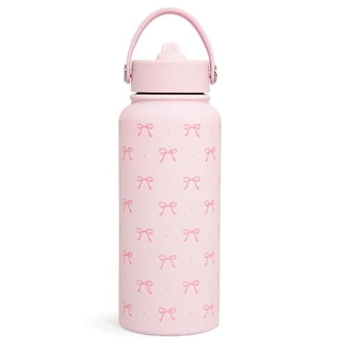 Image of Nymora Pink Bow Water Bottle 1L (32oz) Insulated Water Bottle Stainless Steel Pink Girls Water Bottle with Straw for Women Girls, Ideal Birthday and Back to School Gift