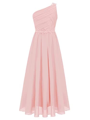 Image of YiZYiF Kids One Shoulder Sleeveless A Line Long Maxi Flower Girl Dress Ruched Formal Prom Dresses Pink 15-16 Years
