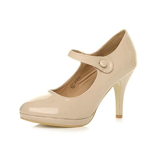 Image of Womens Ladies mid high Heel Mary Jane Strap Evening Court Shoes Pumps , Nude Patent, 7 UK