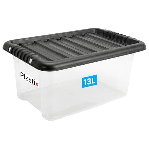 Image of Plastix Storage Box With Lids (1x13L) plastic storage box with lid, Clear Multipurpose Nestable Stackable Storage Boxes With Lid Containers For Home, Kitchen, Garage, Office, Accessories, UK Made