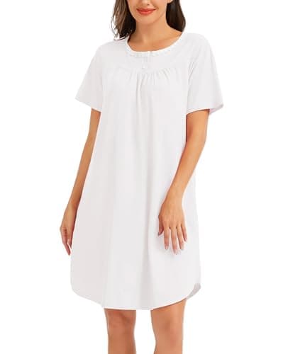 Image of Vlazom Women's Cotton Nighties Super Soft Nightgown Pleated Casual Nightdress Short Sleeve Sleep Shirt Loungewear with Pockets White,M