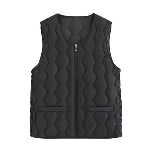 Image of RLEHJN Women's Quilted Gilets Black Sleeveless Down Jackets Zip Up Padded Coats Lightweight Winter Vests Outdoor V Neck Waistcoat with Pockets Outerwear Ladies Body Warmer XXL-5XL