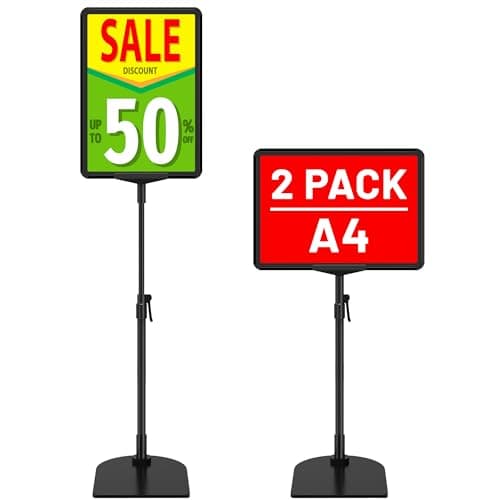 Image of VAIIGO Sign Holder Stand A4, Adjustable Poster Stand for Table Top & Floor, Metal Signage Display Stands, Floor Standing Sign Holder for Advertisement, Tradeshow, Store, Business, 2 Pack