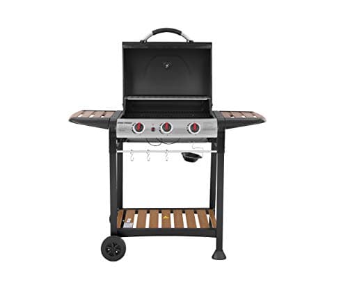Image of George Foreman 3 Burner Gas BBQ with Automatic Ignition & Integrated Thermometer, Black, Gas Barbecue, 2 Wheels Fitted Rack with 2 Shelves Wood Effect, GFGBBQ3BW