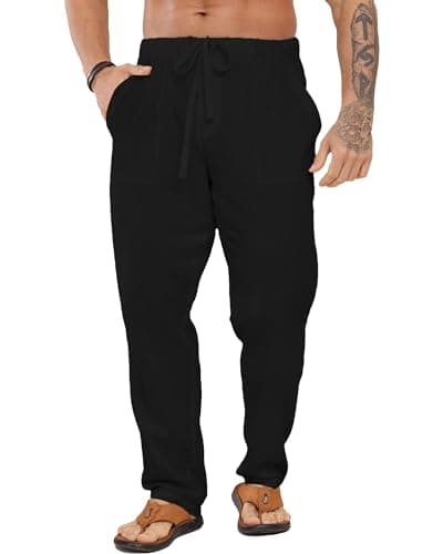 Image of LVCBL Men's Long Linen Cotton Casual Beach Trousers Plain Summer Trousers for Men Black 2XL