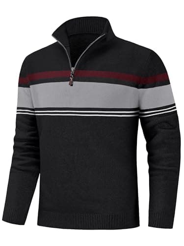 Image of KEFITEVD 1/4 Zip Jumper Mens Thermal Knitted Sweaters Winter Warm Long Sleeve Pullover Half Turtleneck Jumpers Black Light Grey L