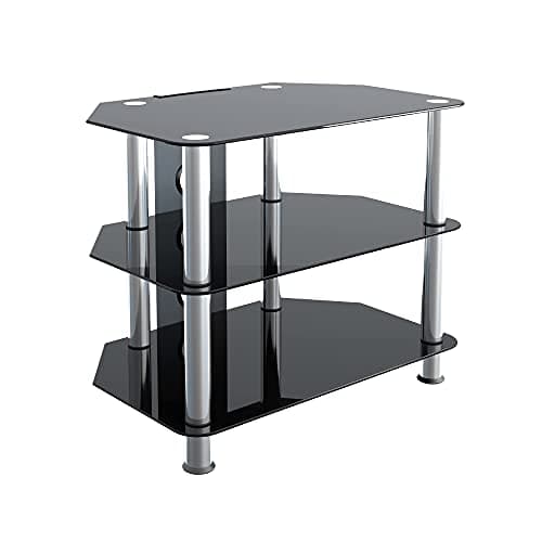 Image of mahara Glass Corner TV Stand – Universal Black Glass TV Unit 60cm wide with Glass Shelves and Cable Management – TV Floor Stand Suitable for up to 32” TVs and Max Weight 35kg