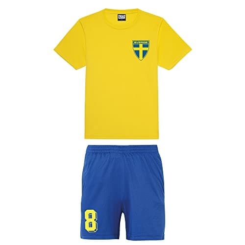 Image of Personalised Sweden Style Kit Red Football Shirt, Blue Shorts, for Girls and Boys Best Birthday Gift for Children Kids Playwear (5-6 Years), Sun Yellow