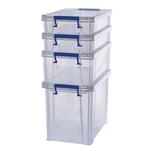 Image of Bankers Box Plastic Storage Boxes with Lids, Pack of 4, 2x 5.5 Litre + 1x 18.5 Litre + 1x 10 Litre. ProStore Strong Stackable Plastic Storage Boxes, Made in the UK, Clear