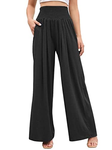 Image of Famulily Ladies Comfy Stretch Yoga Sweatpants Trendy Smocked High Rise Wide Leg Athletic Lounge Pants Black L