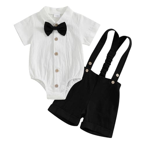 Image of Toddler Baby Boy Gentleman Summer Outfit Short Sleeve Solid Color Romper Bodysuit with Bow Tie T-shirt Top and Suspender Shorts 3Pcs Tracksuit Set Clothes for Little Boy (Black, 0-3 Months)