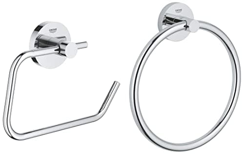Image of GROHE 40689001 Essentials Paper Roll, Silver & 40365001 Essentials Towel Ring Silver