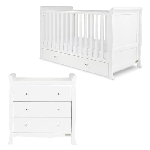 Image of Ickle Bubba Snowdon Classic 2pc Nursery Furniture Set with Fibre Mattress – 4-in-1 Sleigh Cot Bed (Fits 140x70cm Mattress) with Under Drawer Storage & Changing Unit