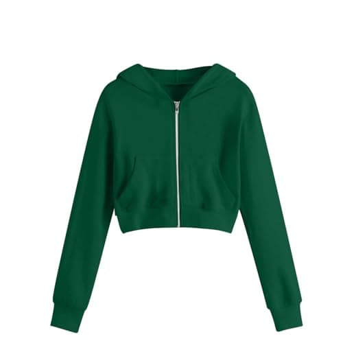 Image of duxyoz Green Girls Casual Zipper Up Sweatshirts Crop Jackets For Teens Kids Long Sleeve Hooded Sweatshirt With Pockets Loose Fit Full Zip Hoodie Fashion Warm Cropped Hoodies Coat 11-12 Years