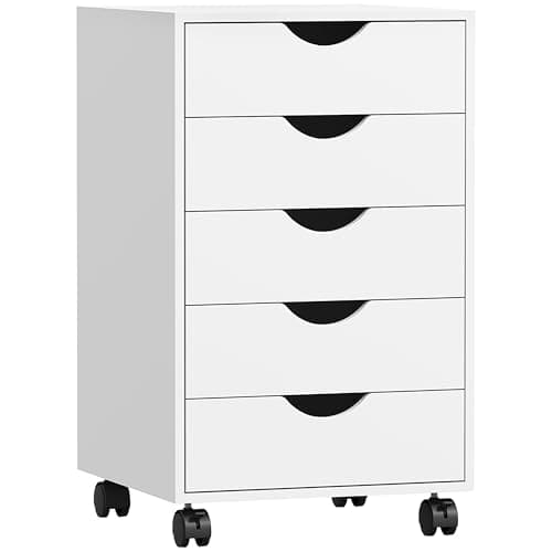 Image of HOMCOM 5 Drawer Filing Cabinet, Vertical Under Desk File Storage with Wheels for Home Office, White