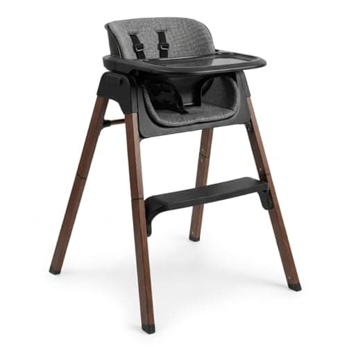 Image of Venture Neyo 2-in-1 Foldable High Chair for Baby and Toddler, Convertible Baby Highchair with Wood Effect Legs, Removable Tray & Cushion, 5 Point Harness, Compact Folding (Black)