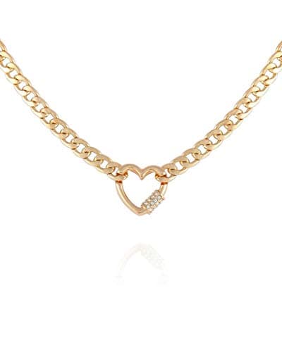 Image of GUESS Goldtone Chain Link Necklace with Pave Heart Charm, One Size, Glass, Crystal