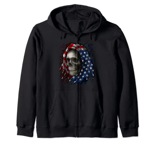 Image of American Flag Skull Patriotic July 4th USA Patriot America Zip Hoodie