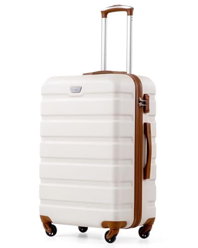 Image of COOLIFE 28 Inch Large Suitcase for Checked Luggage, Business Trip, ABS+PC, Lightweight Hard Shell Luggage with 360°Rubber Spinner Wheels, YKK Zipper, Telescopic Handle, TSA Lock, White/Brown