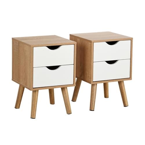 Image of Home Source Pair Of Bedside Cabinets 2 Drawer White And Oak Effect Side Table Solid Wood Legs Modern Style