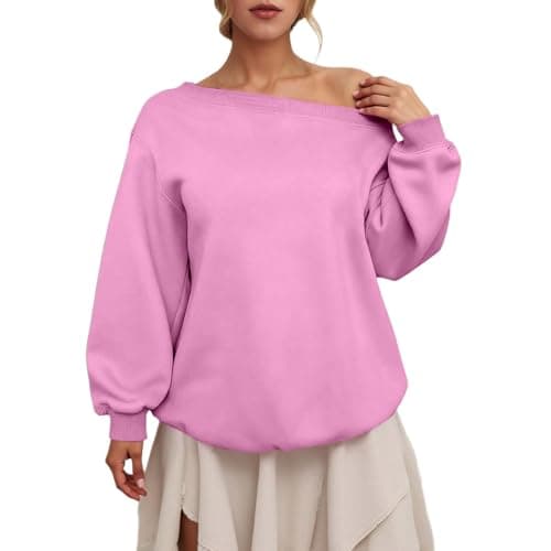 Image of Generisch Women's Oversized Sweatshirt with Wide Carmen Neck - Casual Pullover for an Off Shoulder Look | Wide Top with Balloon Sleeves, style_l08 pink, M