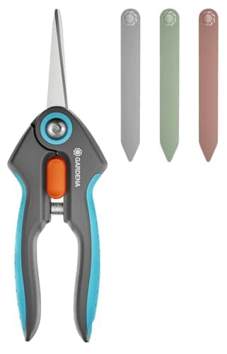 Image of GARDENA FreshCut Set: stainless steel scissors for cutting herbs, berries or cut flowers with the utmost precision, 47 mm blade, includes safety cap and herb signs (12212-36)