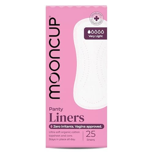 Image of Mooncup Panty Liners - Plastic-Free, Ultra-Thin Liners Made with Organic Cotton for Sensitive Skin - Secure Fit, Breathable & Biodegradable - Irritation-Free Protection for Light Days - 25 Count
