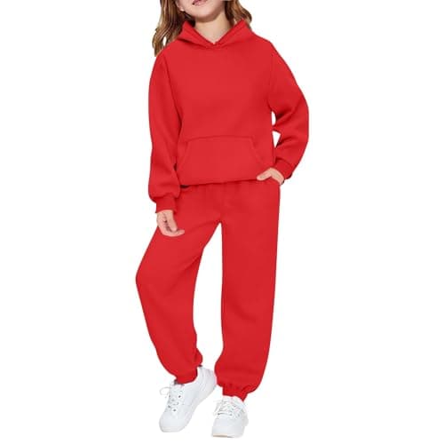 Image of Kids Tracksuit Full Set 2 Piece Sport Outfit Boys Girls Long Sleeve Hoodie Sweatshirts and Loose Sweatpants Bottom Jogging Pants Activewear Track Suit (Red, 9-10 Years)