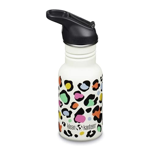 Image of Klean Kanteen Kids Water Bottle with Straw | 350ml Drinks Bottle | 100% Leakproof | Flip and Seal Sports Lid | Children's Metal Flask | Durable & BPA Free | Stainless Steel | Leopard Print Design