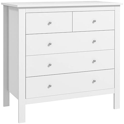 Image of HOMCOM 5 Drawer Chest of Drawers, Modern Dresser for Bedroom, Wide Storage Unit for Living Room, Hallway, Closet, White