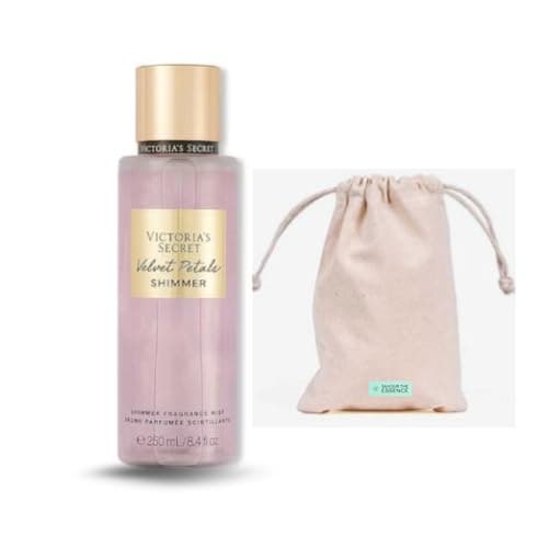 Image of VS Velvet Petals Shimmer | Body Mist for women | Victoria | Body Shimmer Spray | Velvet Petal Shimmer with small Savour the Essence fabric bag