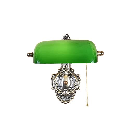 Image of HMAKGG Green Glass Bankers Wall Lamp with Pull Cord,Green Bronze Finish Wall Lights Indoor Vintage for Living Room,Bedroom and Hallway