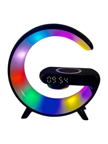 Image of OrionMart Alarm Clock G Shaped Bedside Lamp Wireless Charger & Speaker - Color Changing Table Lamp Night Light - Premium Gift Idea