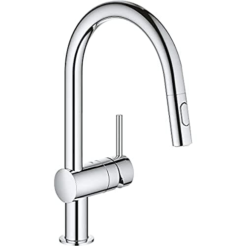 Image of GROHE Minta – Kitchen Sink Pull-Out Dual Spray Mixer Tap (High C-Spout, 360° Swivel Range, 46 mm Ceramic Cartridge, Min. Recommended Pressure 1.0 Bar, Tails 1/2 Inch), Size 379 mm, Chrome, 31862000