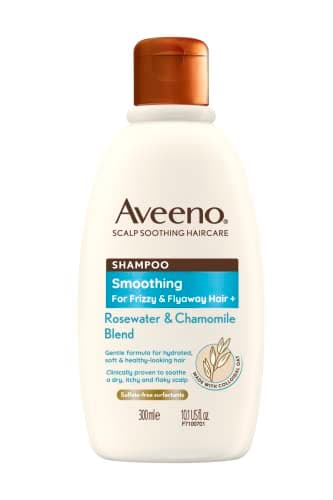 Image of Aveeno Scalp Soothing Haircare Smoothing Shampoo, Rosewater & Chamomile Blend, Colloidal Oat Extract, Frizzy & Flyaway Hair, Soothes Dry, Itchy & Flaky Scalp, Clinically Proven, Sulfate Free, 300ml