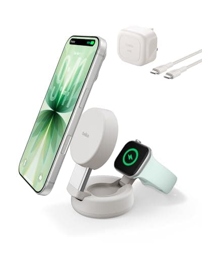 Image of Belkin UltraCharge MagSafe 2-in-1 Wireless Charging Station, Qi2.2 25W Convertible Magnetic Charger for iPhone 17, Apple Watch Series 10, Pixelsnap, etc (45W Adapter Included) - Sand