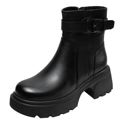 Image of Momolaa UK Size 5 Chunky Platform Ankle Boots for Women Low Chunky Block Heel Lug Sole Side Zipper Fall Heeled Combat Gothic Motorbike Biker Boots Black