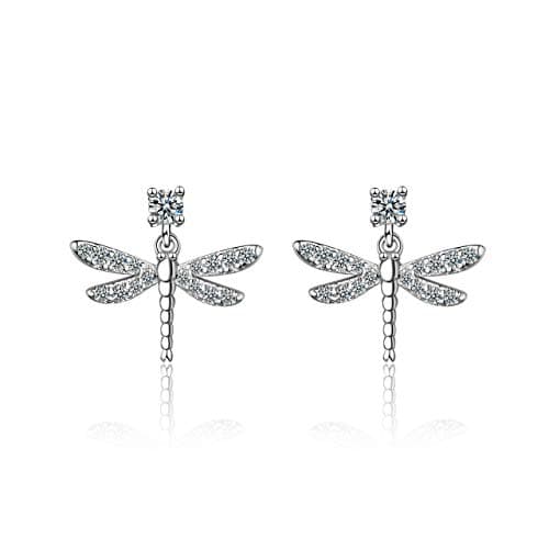Image of QIAMNI 925 Sterling Silver Earrings Women Dragonfly Stud Earrings with Cubic Zirconia Statement Christmas Earrings Gift