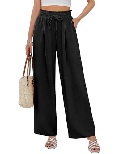 Image of CMTOP Wide Leg Trousers for Women Summer Baggy Trousers Elastic High Waist Casual Loose Pants Ladies Lounge Pant with Pockets Black