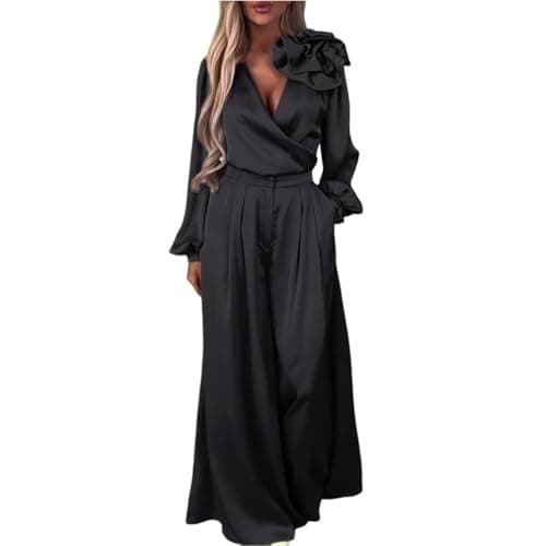 Image of Women's Elegant Satin Two Piece Suit Deep V Neck Long Sleeve Top and Wide Leg Dressy Pants Overall with Pockets Solid Color Formal Jumpsuit Outfits Set Oversized Long Loungewear Black