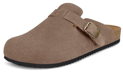 Image of Mens Suede Clogs Leather Mules Cork Footed Slip On Sandals Slides with Arch Support Shoes Size Dark-Brown UK9.5=45