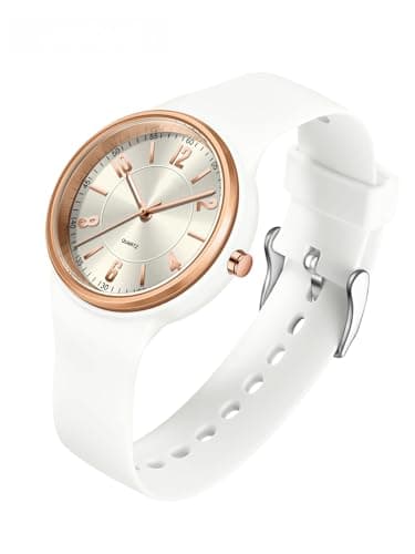 Image of GBB Women's Quartz Watch Soft Silicone Strap Ladies Watches Analog Quartz Watches with Luminous Easy-Read Dial Fashion Wrist Watch for Students Women Men Unisex (White Rose Gold)
