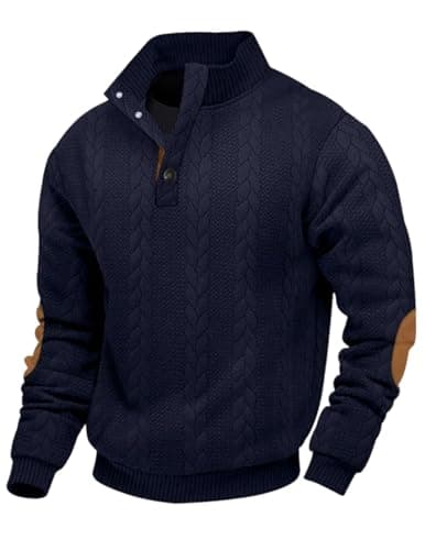 Image of EndoraDore Mens Jacquard Sweatshirts Casual Long Sleeve Pullover Knitwear Button Stand Collar Tops Navy Blue M