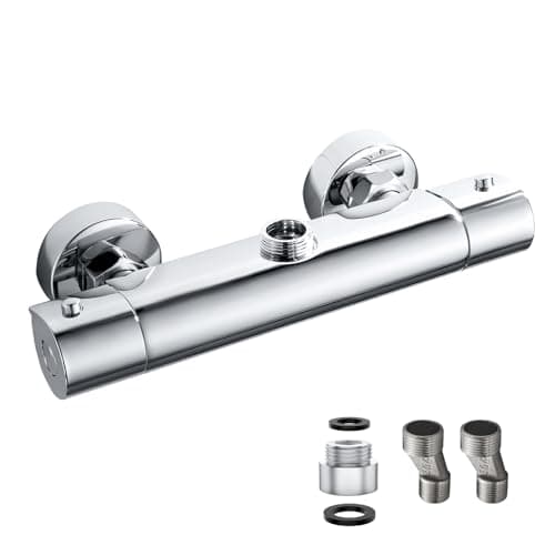 Image of Thermostatic Shower Mixer Bar Top Outlet 3/4" BSP, Brass Thermostatic Shower Mixer Valve 38°C Anti Scald, with 3/4" BSP to 1/2" BSP Pipe Adaptor, Hot & Cold Water Shower Mixer Tap, Chrome